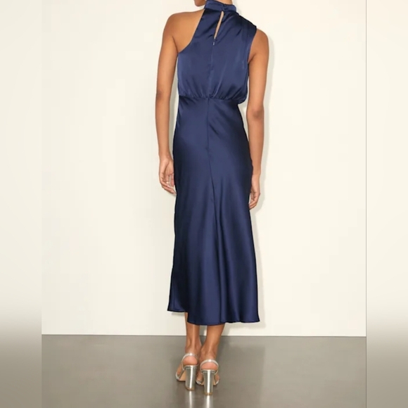 Lulus Women's Distinctive Charm Navy Blue Satin Asymmetrical Midi Dress, XS - Picture 3 of 10